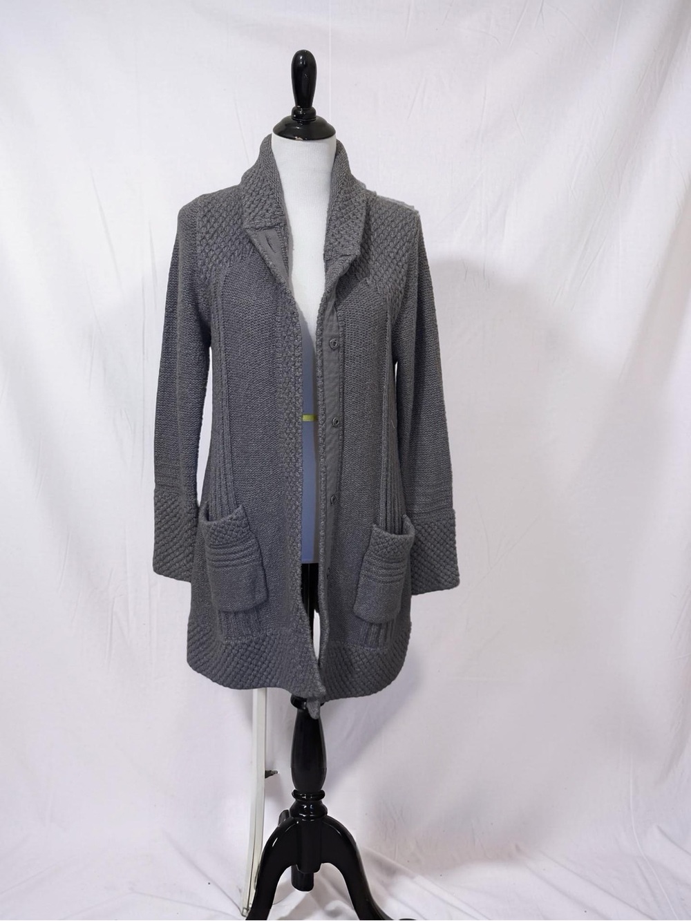 PrAna Gray Textured Knit Cardigan Sweater Jacket Snap Front Pockets Size Medium